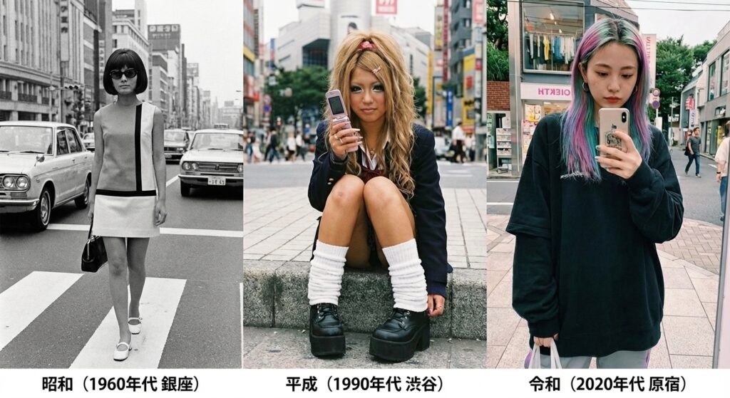 昭和、平成、令和の女性ファッションを並べて。文字がある場合には日本語でお願い。