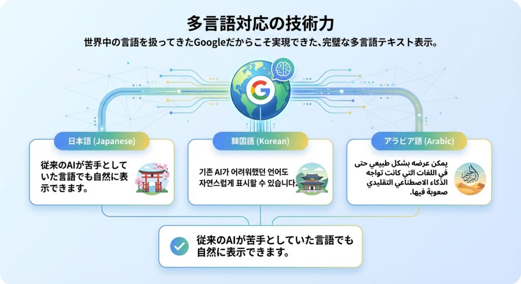 世界中の言語を扱ってきたGoogleだからこそ実現できた、完璧な多言語テキスト表示。
日本語はもちろん、韓国語、アラビア語など、従来のAIが苦手としていた言語でも自然に表示できます。