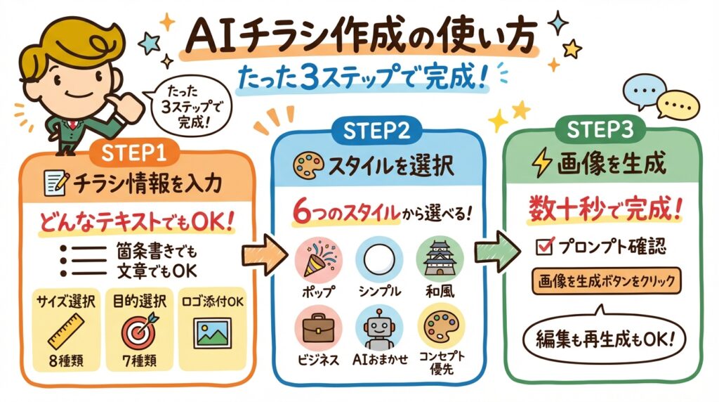 AIチラシ作成ツールの使い方3ステップ。STEP1でチラシ情報とサイズ・目的を入力、STEP2で6つのスタイルから選択、STEP3でプロンプト確認後に数十秒で生成完了。箇条書きでもOK、ロゴ画像も添付可能。