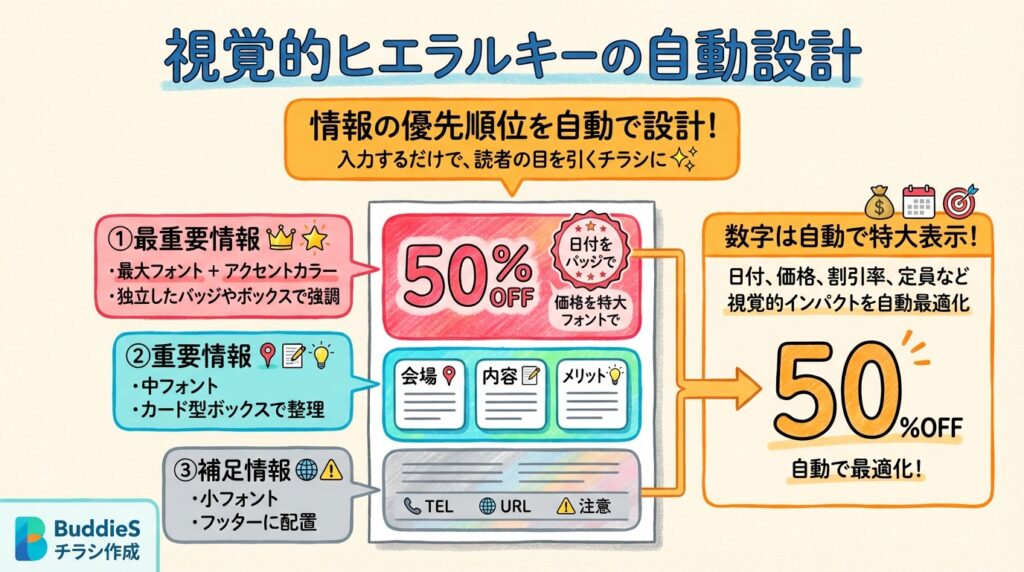 BuddieS チラシ作成の視覚的ヒエラルキー自動設計機能。最重要情報は特大フォント、重要情報はカード型、補足情報は小フォントで自動配置。50%OFFなど数字を自動強調し読者の目を引くチラシを実現。