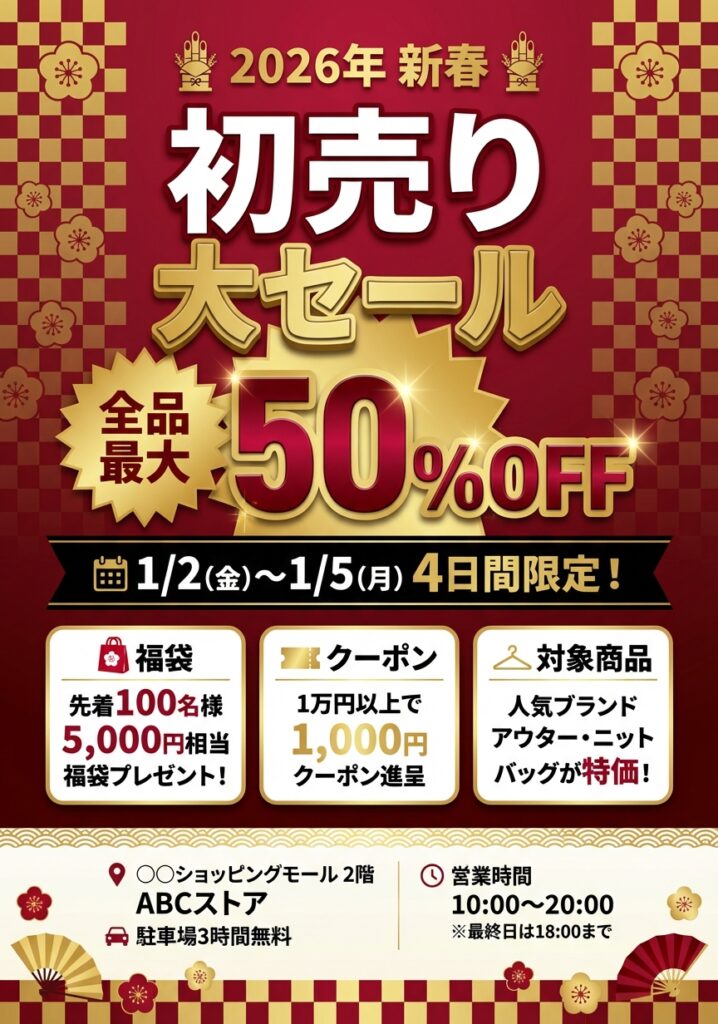 新春初売りセールチラシ。2026年1月2日〜5日の4日間限定で全品最大50%OFF。1万円以上購入で1,000円クーポン進呈、先着100名に福袋プレゼント。冬物アウター・ニット・バッグが特価。○○ショッピングモール2階ABCストアにて開催。駐車場3時間無料。