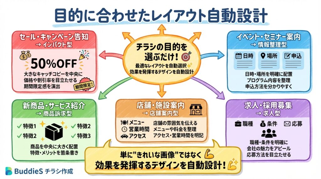 BuddieS チラシ作成の目的別レイアウト自動設計。セール告知はインパクト型、イベント案内は情報整理型、新商品紹介は商品訴求型、求人募集は求人型、店舗案内は店舗案内型の5パターンを自動選択し効果的なチラシを実現。