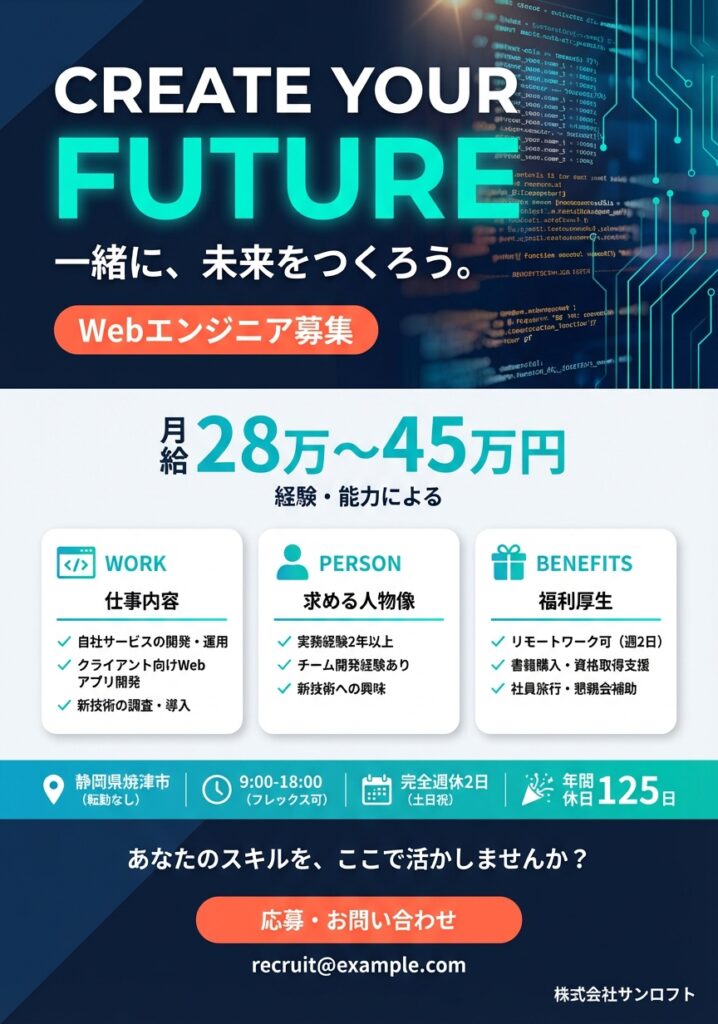 株式会社サンロフトのWebエンジニア正社員募集チラシ。月給28万〜45万円、リモートワーク可、年間休日125日。自社サービス開発やクライアント向けWebアプリ開発に携わる。書籍購入補助や資格取得支援など成長環境も充実。静岡県焼津市勤務、フレックスタイム制あり。