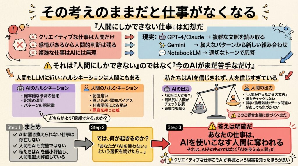 AIに置き換えられない仕事は存在しないという現実を伝えるグラレコ風インフォグラフィック。「人間にしかできない仕事」という幻想を打ち砕き、AIと人間のハルシネーションを対比。AIを過小評価し人間を過大評価するダブルスタンダードを天秤のイラストで表現。「AIを使わない選択を続ければ、AIを使いこなす人間に仕事を奪われる」という核心メッセージを強調した手書き風デザイン。