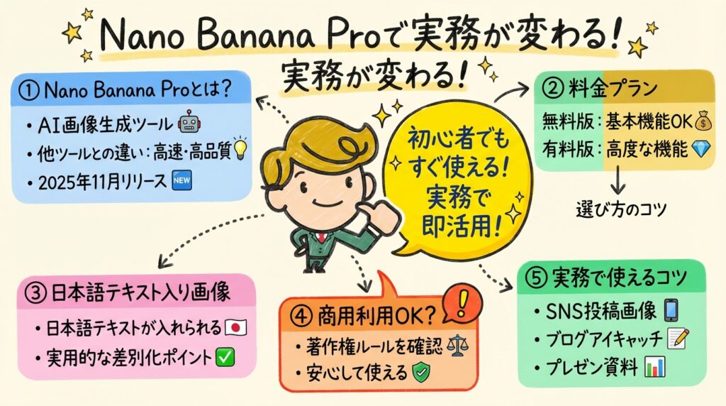 Nano Banana Proの基本機能・料金体系（無料版/有料版）・日本語テキスト対応・商用利用ルール・実務活用事例を中央集中型レイアウトで図解。初心者向けに5つの重要ポイントを手書き風グラレコで視覚化。