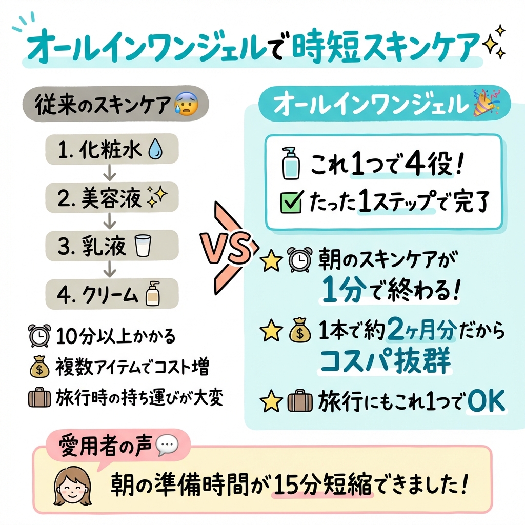 オールインワンジェルで朝のスキンケアが10分以上から1分に短縮。従来の化粧水・美容液・乳液・クリーム4ステップが1ステップで完了。1本で約2ヶ月分のコスパ。愛用者は朝の準備時間15分短縮を実感。