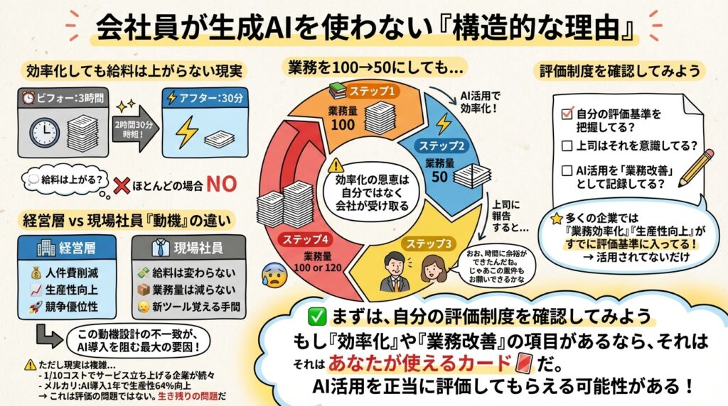 会社員が生成AIを使わない構造的理由を説明するグラレコ風インフォグラフィック。業務効率化しても給料が上がらない現実、業務削減後に新たな仕事が降ってくる悪循環を円環図で表現。経営層と現場社員のAI活用動機の違いを対比し、評価制度の確認を促す。「効率化や業務改善の項目があればそれは使えるカード」というメインメッセージを強調した手書き風デザイン。