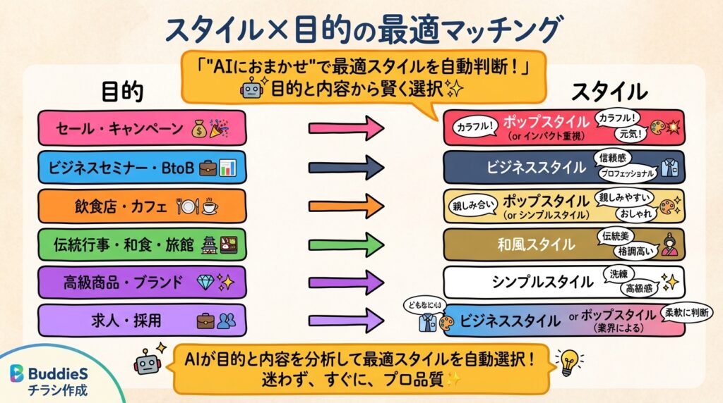 BuddieS チラシ作成のスタイル×目的の最適マッチング。セールはポップ、ビジネスセミナーはビジネス、飲食店はポップかシンプル、伝統行事は和風、高級商品はシンプル、求人は業界に応じてビジネスかポップスタイルを自動判断。