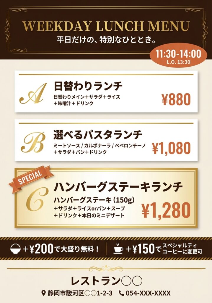 レストラン○○の平日限定ランチメニューチラシ。Aランチ880円、Bランチ1,080円、Cランチ1,280円の3種類を提供。11:30〜14:00の時間限定で、大盛り無料や特製コーヒーへの変更オプションも。温かみのあるブラウンとゴールドを基調としたリッチなデザイン。