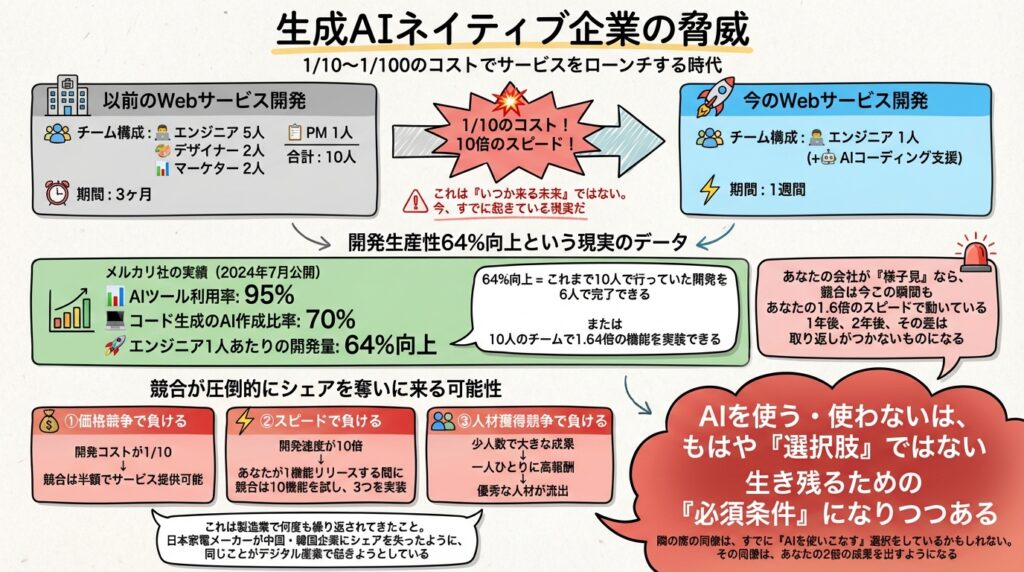 生成AIネイティブ企業の脅威を示すグラレコ風インフォグラフィック。Webサービス開発が10人3ヶ月から1人1週間へ劇的変化し、1/10のコストを実現。メルカリの実測データでエンジニア開発生産性64%向上を示し、競合企業との価格・スピード・人材獲得での3つの敗北構造を横並びで表現。「AIは選択肢ではなく必須条件」という結論を強調した手書き風デザイン。