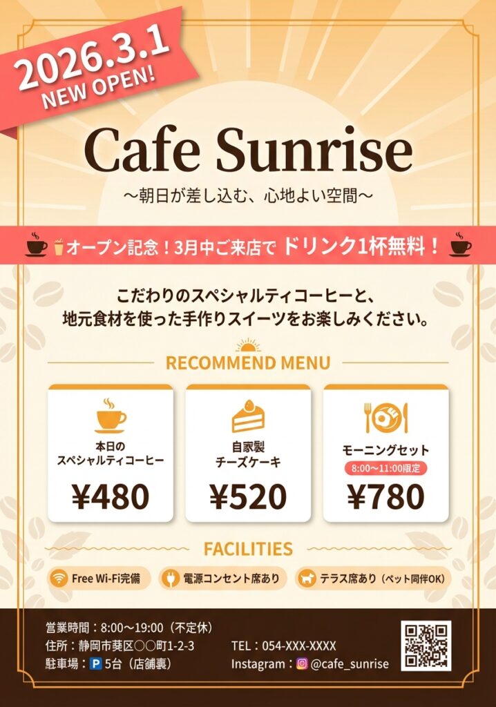 2026年3月1日NEW OPEN、静岡市葵区のCafe Sunrise店舗案内チラシ。朝日をイメージした温かみのあるデザインで、スペシャルティコーヒーや自家製スイーツのメニュー、Wi-Fi・電源完備の設備情報、3月限定ドリンク無料特典を紹介。オレンジとクリーム色の配色でカフェの心地よい空間を表現。