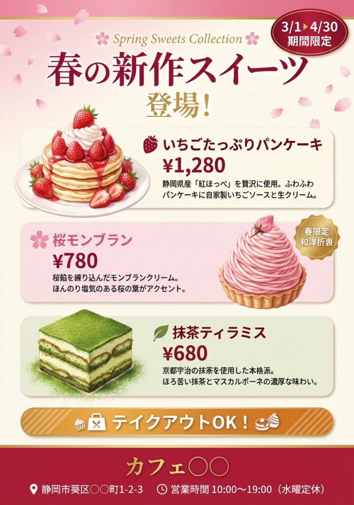 カフェの春の新作スイーツ紹介チラシ。いちごたっぷりパンケーキ1,280円、桜モンブラン780円、抹茶ティラミス680円の3種を、桜ピンクとクリーム色を基調とした華やかなデザインで紹介。2026年3月1日から4月30日までの期間限定、テイクアウト可。静岡市葵区のカフェ○○。